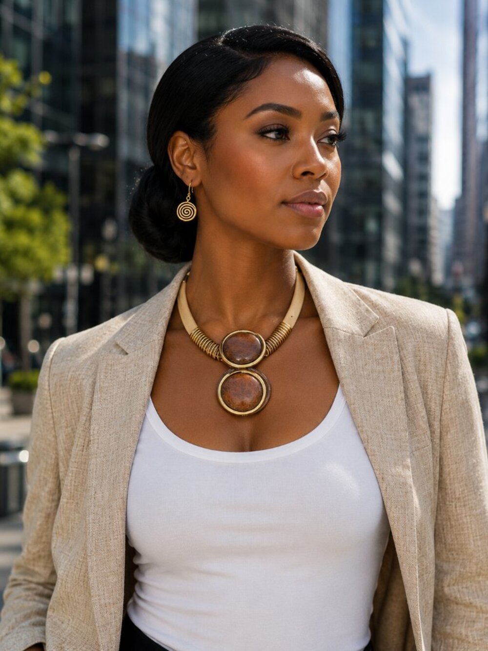 Golden Earth Statement Necklace Set – Brown Stone Pendant Necklace with Spiral E